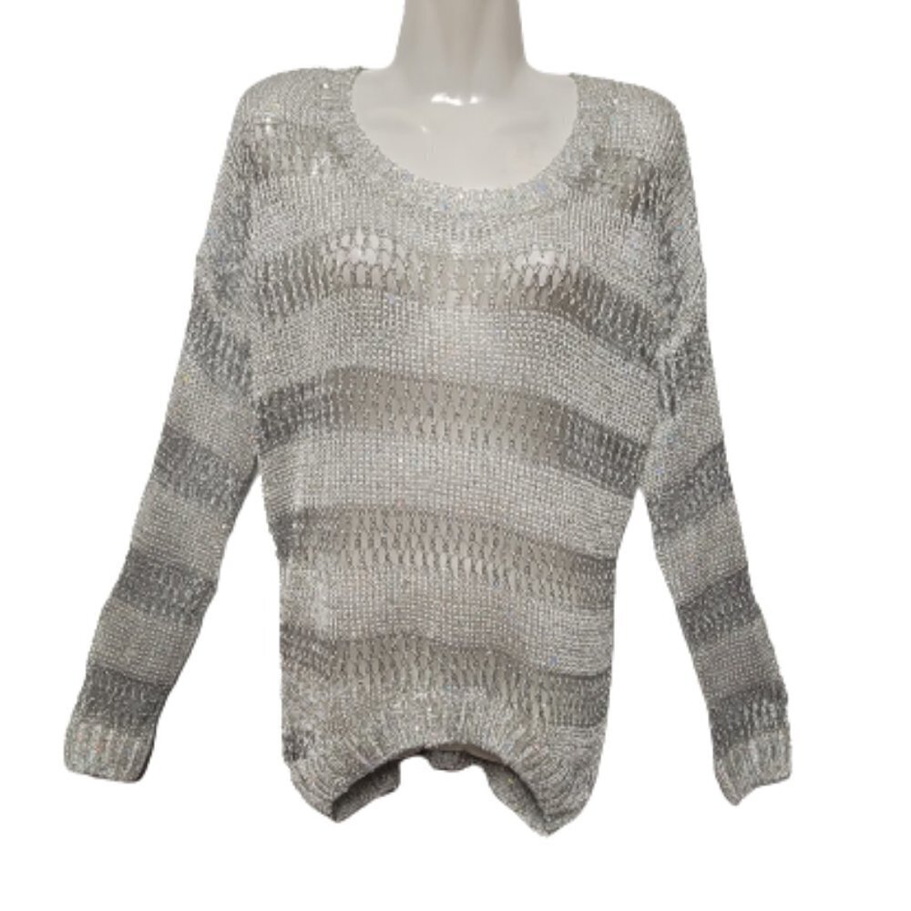 White Glitter Long Sleeve Sweater Open Knit Top Xmas New Years Party Top Blouse